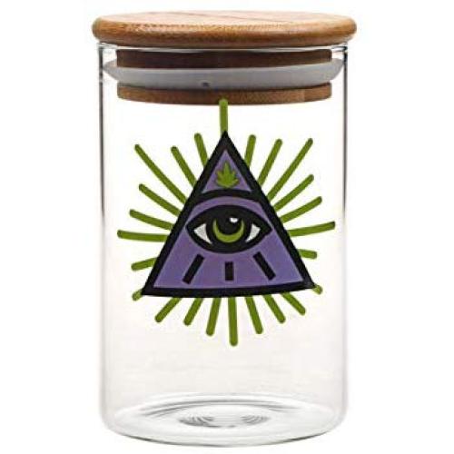 Triangle Leaf Eye Air Tight Moisture Proof Pop Top Glass Jar with Bamboo lid, Smell Proof Storage glass Container