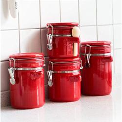 Porcelain Coffee Sealed Canister with Valve Blocks Tea Cans Powder Candy Beans Jars Food Container Spice Storage Bottle with Lid Spoon (Red, 23oz)