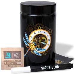 Shrub Club - Smell Proof Jar Set, Black Glass with UV Protection, Half Oz (250ml) with Odor-Proof Bag and Bovida Humidity Pack - Airtight Jars for Fresh Stash (The Dragon Fly)