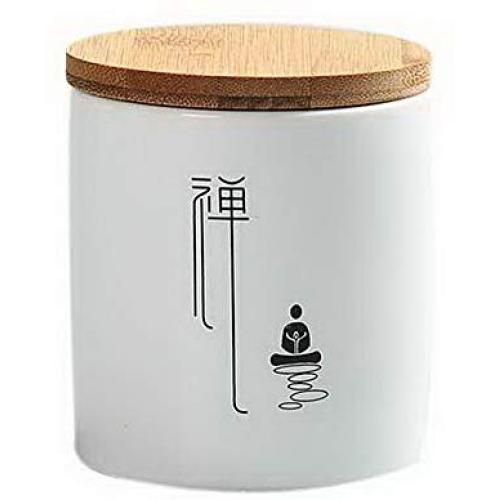 Gentle Meow Ceramic Tea Canister with Airtight Bamboo Lid for Tea Storage, Chan Word Pattern