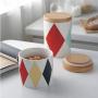 OnePine Set of 2 Food Storage Jar with Sealed Wooden Lid, Geometric Pattern Ceramic Storage Jar for Tea Sugar Coffee Bean Nuts Grain