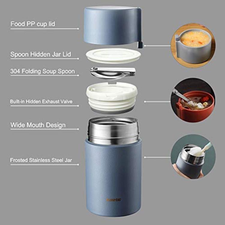 Thermos for Hot Food, Safe New 304 16 Ounce Reusable Stainless Steel  Thermos Food Jar with Silicone Hand Strap Leak Proof Wide Mouth Spoon  Vacuum