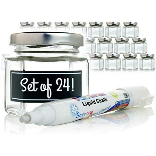 Mini Hexagon Glass Jars - 1.5 oz Set of 24 Glass Jars with Silver Caps with Chalkboard Labels and Marker - Perfect for Spices, Honey, Canning, Gifts and Crafts