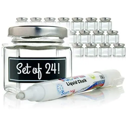Mini Hexagon Glass Jars - 1.5 oz Set of 24 Glass Jars with Silver Caps with Chalkboard Labels and Marker - Perfect for Spices, Honey, Canning, Gifts and Crafts Mini Hexagon Glass Jars - 1.5 oz Set of 24 Glass Jars with Silver Caps with Chalkboard Labels and Marker - Perfect for Spices, Honey, Canning, Gifts and Crafts