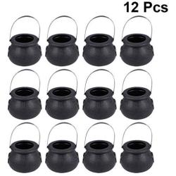 LIOOBO 12Pcs Candy Jars Halloween Witch Candy Jar Kettles Witch Cauldron Handheld Candy Bucket for Halloween Party Hanging Props (Black 5x7cm)