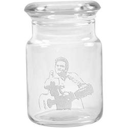 Clear Glass Herb Stash Jar with Lid 4.5 oz with Johnny Cash Bird Logo from Smoke Promos