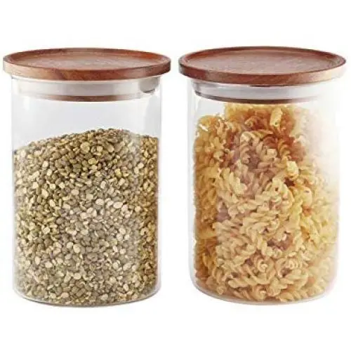 Essos Glasbehälter mit Holzdeckeln Set von (2) 32oz Luftdichte & Stapelbare Aufbewahrungsvorrichtungen für Küche oder Vorratskammer – Dose für Lebensmittel, Kekse, Kaffee, Nudeln