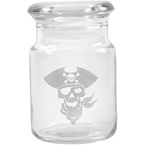 Clear Glass Herb Stash Jar with Lid 4.5 oz with Pirate Skull Logo from Smoke Promos Clear Glass Herb Stash Jar with Lid 4.5 oz with Pirate Skull Logo from Smoke Promos