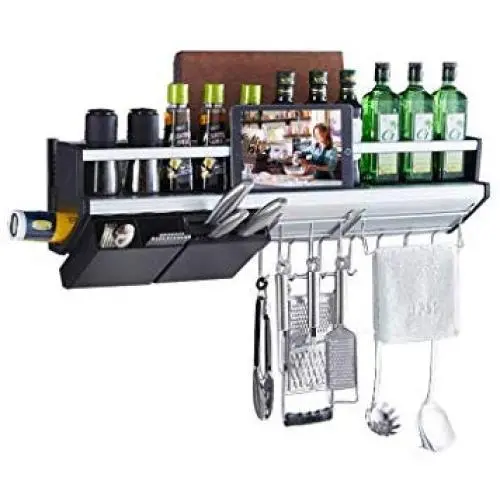 Wandregel Gewürzregal mit Saisonierbehältern und Geschirrtuchhalter, Messerablage – Multifunktionales Display (Größe: 80x18x26cm)