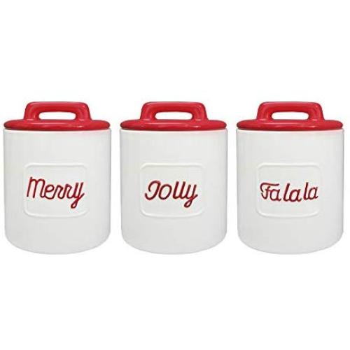 American Atelier 7271-CAN-RB Canister Set 3-Piece Ceramic Jars-58 oz Retro Holiday Design w/Lids for Cookies, Candy, Coffee, Flour, Sugar, Rice, Pasta, Cereal & More, 5.5x7.5, White/Red