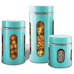 AIR-TIGHT KITCHEN CANISTER SET By Premius, 3-Piece Glass and Metal Canisters, Quick Access And Space Saving, Great Safe And Fresh Food, Convenient Sizes, Modern Design (Turquoise Blue)