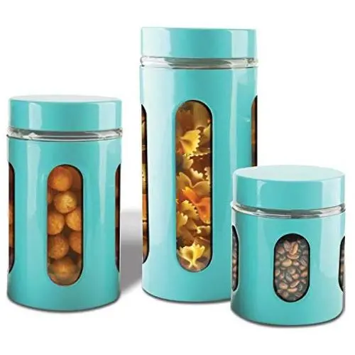 AIR-TIGHT KITCHEN CANISTER SET By Premius, 3-Piece Glass and Metal Canisters, Quick Access And Space Saving, Great Safe And Fresh Food, Convenient Sizes, Modern Design (Turquoise Blue) AIR-TIGHT KITCHEN CANISTER SET By Premius, 3-Piece Glass and Metal Canisters, Quick Access And Space Saving, Great Safe And Fresh Food, Convenient Sizes, Modern Design (Turquoise Blue)