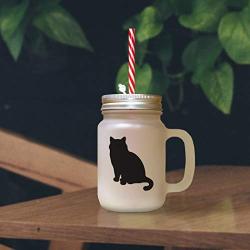 Brown British Shorthair Cat Silhouette #1 Frosted Glass Mason Jar With Straw