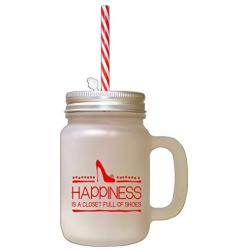 Red Happiness Is Closet Full Of Shoes Frosted Glass Mason Jar With Straw