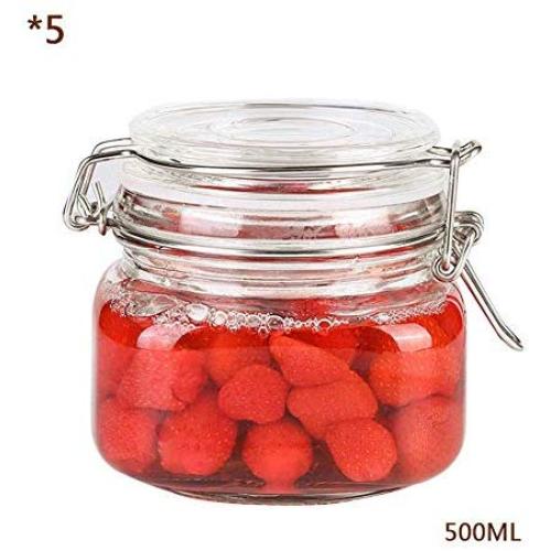 Kitchen Food Storage Jar Airtight Food Storage Storage Jar 5 Square Glass Spice Bottles Transparent Glass Lids Stainless Steel Buckle Airtight Food Storage Spice Container Set 500ML