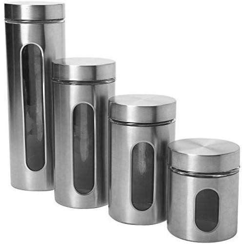 Anchor Hocking Palladian Glass and Stainless Steel Canister Set with Airtight Lids, Brushed Stainless Steel, 4-Piece Set