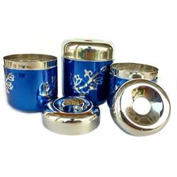 Rastogi Handicrafts Set of 3 Window Kitchen Canister, Stainless Steel (Blue Leaf Design)