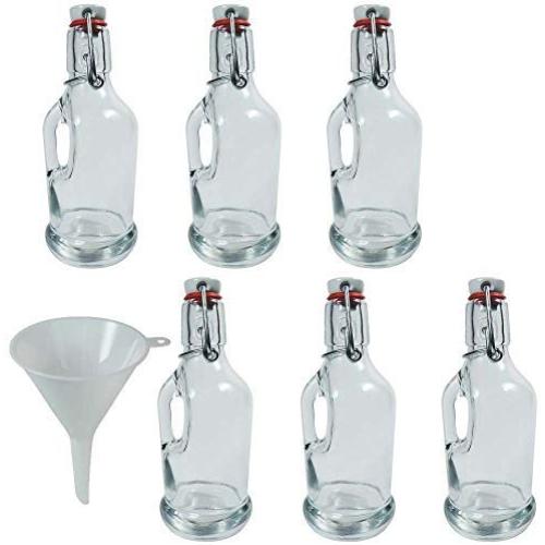 Viva Haushaltswaren 6 Glass Bottles/Gallon 200 ml with Screw Tops for Self-Filling incl. a White Filling Funnel Diameter 9 cm