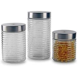 Circleware 68224 Ring-a-Ling Glass Canisters with Stainless Hermetic Airtight Top Lids, 3-Piece Set, Kitchen Glassware Food Preserving Coffee, Sugar, Tea, Cereal Containers 28 oz, 42 oz, 57 oz Hoops