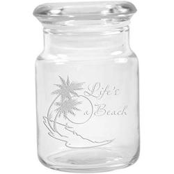 Clear Glass Herb Stash Jar with Lid 4.5 oz with Lifes a beach Logo from Smoke Promos