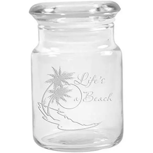 Clear Glass Herb Stash Jar with Lid 4.5 oz with Lifes a beach Logo from Smoke Promos