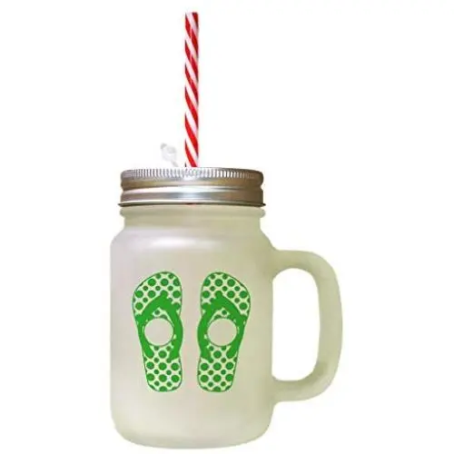 Green Slipper Image Frosted Glass Mason Jar With Straw Green Slipper Image Frosted Glass Mason Jar With Straw