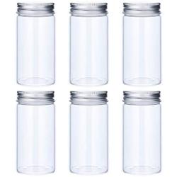 UPKOCH 6pcs Transparent Food Jar With Silver Aluminum Lids Plastic Clear Tea Jars Round Shaped Storage Container for Kitchen Dry Goods Pasta Spices (85X150mm)