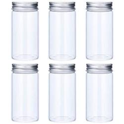 UPKOCH 6pcs Transparent Food Jar With Silver Aluminum Lids Plastic Clear Tea Jars Round Shaped Storage Container for Kitchen Dry Goods Pasta Spices (85X150mm)