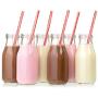 Premium Vials, 11 Oz Glass Milk Bottle Set of 12 - Includes Reusable White Lids and Straws