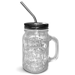 Mason Jar Mugs with Handle, Regular Mouth, Colorful Lids with 2 Reusable Stainless Steel Straw, Set of 2 (Black), Kitchen GLASS 16 oz Jars,''Refreshing Ice Cold Drink'' & Dishwasher Safe