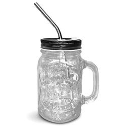 Mason Jar Mugs with Handle, Regular Mouth, Colorful Lids with 2 Reusable Stainless Steel Straw, Set of 2 (Black), Kitchen GLASS 16 oz Jars,''Refreshing Ice Cold Drink'' & Dishwasher Safe