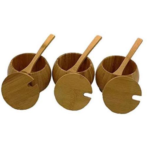 Set of 3 Bamboo Spice Box Set with Spoon, Salt and Spices Storage Containers with Lids and Seasoning Box for Kitchen and Home