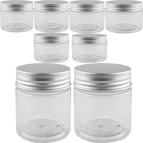 Kaptin 12Pack Empty BPA Free Clear Wide-Mouth Plastic Storage Containers with Silver Metal Lids Reusable Eco-Friendly Kitchen Jars Organizers for Dry Goods and More (Silver Lid, 12)