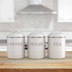 Barnyard Designs Decorative Kitchen Canisters with Lids White Metal Rustic Vintage Farmhouse Country Decor for Sugar Coffee Tea Storage (Set of 3) (4” x 6.75”)