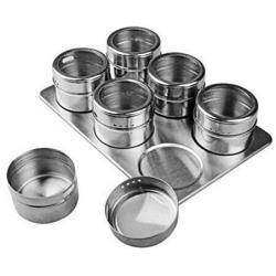 Dj siphraya Magnetic Spice Storage Container Jar Tins With Rack Holder Stainless Steel Silver Base Size 6.18X9.05 Inch Set Of 14 See Through Lids With Sifting Holes Rack Mounts Easily To Wall