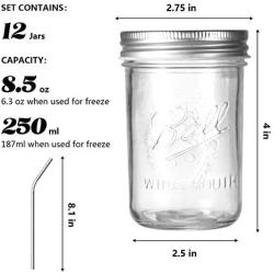 Ball Mason Jars 8 OZ, OAMCEG 12 Pack Canning Jars with Lids & 12 Straws, 100% Recycled Glass Bottles and Drinking Straws for Regular Mouth Mason Jars, Ideal for Juice, Jam, Honey, Spice, Baby Foods