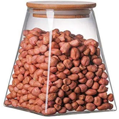 HUNGER Square Glass Food Storage Jar with Airtight Bamboo Lid, Clear Food Storage Container for Saving Chocolate, Coffee, Flour, Candy and More (11.83 FL OZ)