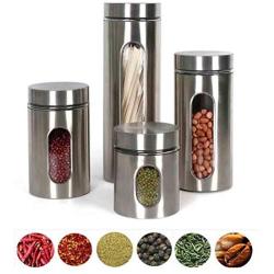 CSPFAIRY Lead Free Glass Multifunction Spice Box Stainless Steel Seal Flavoring Jar Barbecue Bottle Big Capacity 4 Pcs/Set Kitchen Supplies