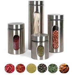 CSPFAIRY Lead Free Glass Multifunction Spice Box Stainless Steel Seal Flavoring Jar Barbecue Bottle Big Capacity 4 Pcs/Set Kitchen Supplies