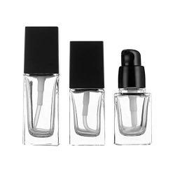 2PCS Clear Empty Portable Square Glass Pump Bottle Jars with Black Cap BB CC Cream Lotion Liquid Foundation Travel Packing Vials Essential Oil Toiletries Toner Liquid Storage Containers Dispenser