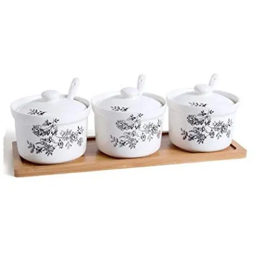 Ensemble de bocaux à épices en céramique OPaida, rangement cuisine, 3 bocaux + 3 cuillères (avec plateau en bois), idéal pour le sel, l'amidon, le sucre, le sésame. DHCY-02
