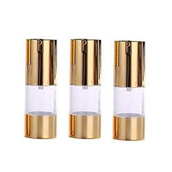 3Pcs Plastic Airless Pump Bottles - Golden Empty Refillable Vacuum Bottle For Cosmetic Makeup Lotion Emulstion Toiletries Liquid Sample Package Container Jar 15ml/0.5oz