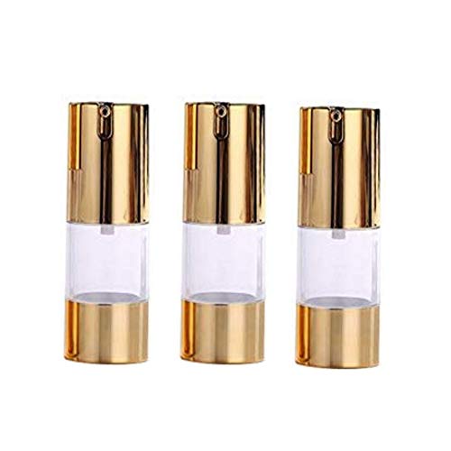 3Pcs Plastic Airless Pump Bottles - Golden Empty Refillable Vacuum Bottle For Cosmetic Makeup Lotion Emulstion Toiletries Liquid Sample Package Container Jar 15ml/0.5oz