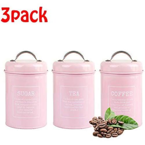 LEGOU Set of 3 Airtight Tea Sugar and Coffee Storage Canister Jars with Airtight Lid - Suitable As Food Containers,Réutilisables,Pink