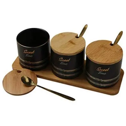 Keramik-Gewürzdose Set, Retro Spice-Lagerbehälter mit Holzlids und Tray, Elegantes Gewürzset aus 3 Stück