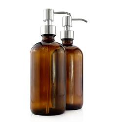 Cornucopia Brands 16-Ounce Amber Glass Bottles w/Stainless Steel Pumps (2-Pack); Lotion & Soap Dispenser Brown Boston Round Bottles for Aromatherapy, DIY, Home & Kitchen