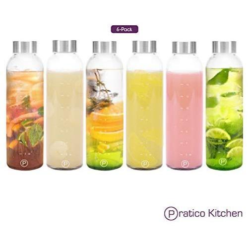 Pratico Kitchen 18oz Leak-Proof Glass Bottles, Juicing Containers, Water/Beverage Bottles - 6-Pack