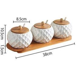 Ceramic cruet seasoning jar salt bowl sugar bowl kitchen household ceramic seasoning jar glass lid storage tank wooden tray,3pcs-P