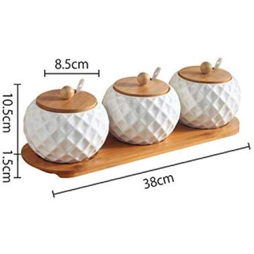 Ceramic cruet seasoning jar salt bowl sugar bowl kitchen household ceramic seasoning jar glass lid storage tank wooden tray,3pcs-P