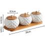 Ceramic cruet seasoning jar salt bowl sugar bowl kitchen household ceramic seasoning jar glass lid storage tank wooden tray,3pcs-P